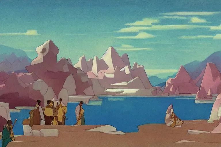 Image similar to an oriental palace made of immaculate white stones planted at the edge of a waterless ocean under a twilight light, blue sky without clouds, people angling at the edge, crystalline rock, pastel shades, style of nicholas roerich, mountains made of sharp crystal that emit light