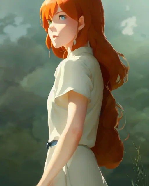 Prompt: young southern woman, ginger hair, simple cream dress, detailed perfect face, exquisite details, fire magic, mid view, design on a white background, by studio muti, greg rutkowski makoto shinkai takashi takeuchi studio ghibli