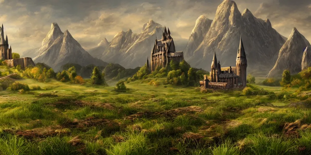 Prompt: Grassy fields with large mountains and Hogwarts castle in the distance, small cottage in the foreground, landscape wallpaper, d&d art, fantasy, painted, 4k, high detail, sharp focus