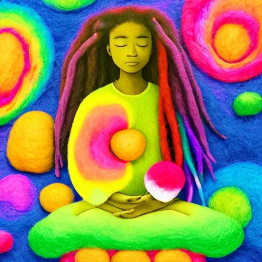 Prompt: a black girl with colorful dreadlocks and big beautiful eyes meditating in a rainbow magic mushroom zen garden, bokeh, bright colors, synthwave, watercolor, volumetric wool felting, felt, macro photography, children illustration, by goro fujita