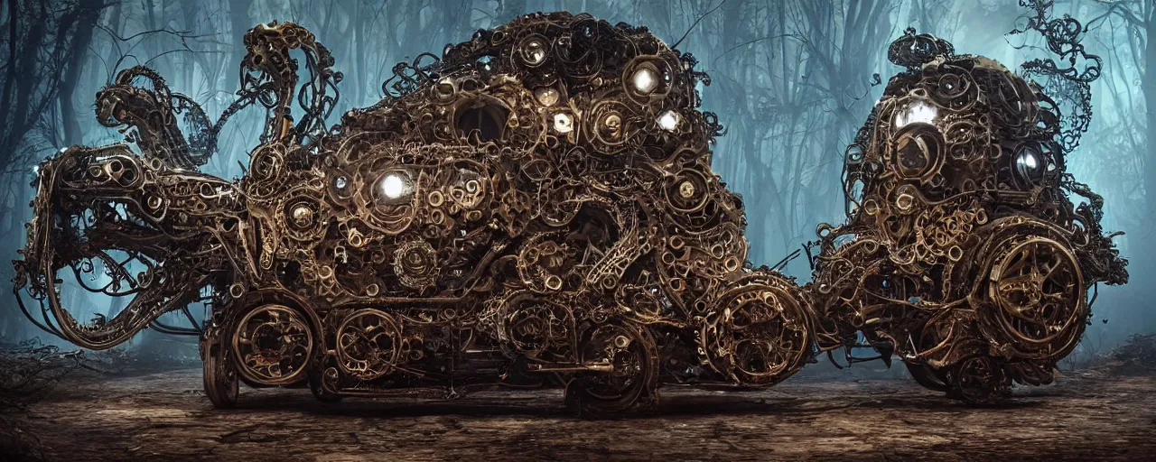 Image similar to biomechanical shiny steampunk vehicle reminiscent of bugatti chiron with (glowing) lights and octopus tentacles parked in ancient mystic woods, gothic and baroque, brutalist architecture, ultradetailed, creepy ambiance, fog, artgerm, giger, Intricate by Ellen Jewett and Josan Gonzalez and Giuseppe Arcimboldo