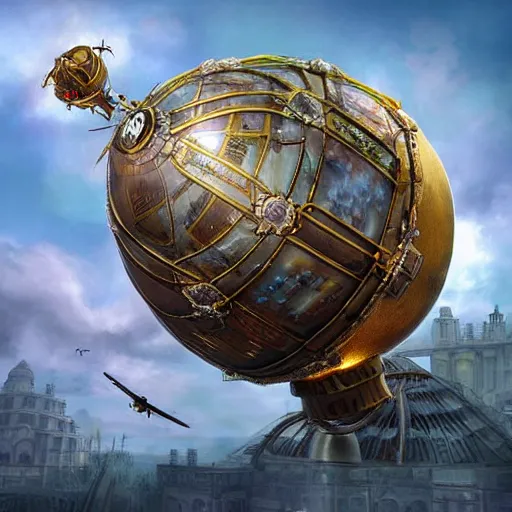 Prompt: enormous flying fortress!! in a gigantic faberge egg, sky!!!, steampunk, aetherpunk, fantasy art, unreal engine,