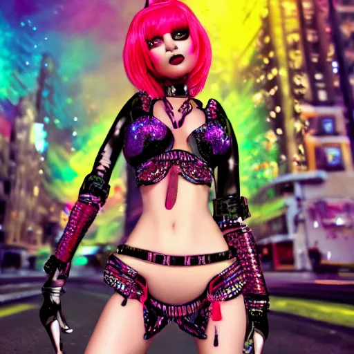 Prompt: magazine cover : : of a cute gorgeous ukrainian college girl scene raver cyborg belly dancer wearing a shiny outfit on a crowded packed nyc sidewalk, monster high makeup, pouting, pouty look : : octane render, volumetric lighting, trending on artstation, anime, ue 5, photoreal, rossdraws, blender render : :