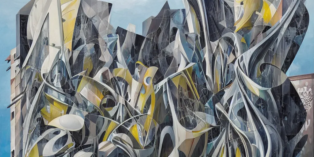 Image similar to a painting of abstract buildings like amalfi coast by zaha hadid and yves tanguy and aaron horkey