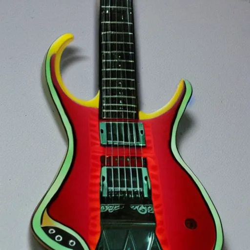 Prompt: photo of a custom shape electric guitar with ornaments and gems, ultra realistic