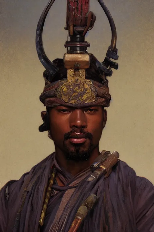 Prompt: a full body fantasy portrait oil painting illustration of an African samurai by Justin Sweet and Greg Rutkowski and Alphonse Mucha with face and body clearly visible, visible pupils, d&d, rpg, forgotten realms, artstation trending, high quality, sombre mood, artstation trending, muted colours, no crop, entire character!,