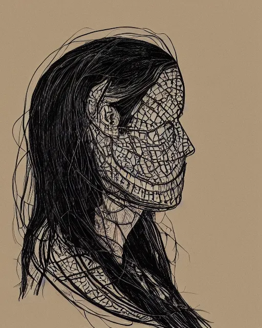 Prompt: a woman's face in profile, wearing a vintage motorcycle helmet made of sweeping intricate delicate leaf skeleton, in the style of the dutch masters and gregory crewdson, dark and moody