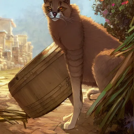 Image similar to a digital art of cute fluffy caracal near a wooden barrel lying at the side, at after noon, ancient greek city, by krenz cushart and mucha and akihito yoshida and greg rutkowski and makoto shinkai, long shot, back lighting, detailed eyes, 4 k resolution, trending on art station