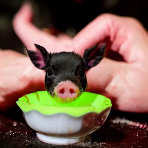 Prompt: teacup pig eating lime jello, award-winning photography