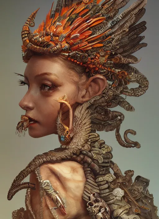 Image similar to an anton pieck portrait of a goddess, 8 k micro details beautiful intricate highly detailed quetzalcoatl skull and feathers. fire, galaxy, artwork by tooth wu and wlop and beeple and greg rutkowski, trending on artstation,