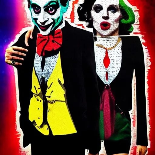 Image similar to mimmo rottela and banksy as joaquin phoenix skinny joker holding hand lady gaga harley queen, photorealistic, intricate details, pop art style, concept art, details proportional, random object movement, 3 colors, 4 k, 4 d, ultra smooth, sharp focus