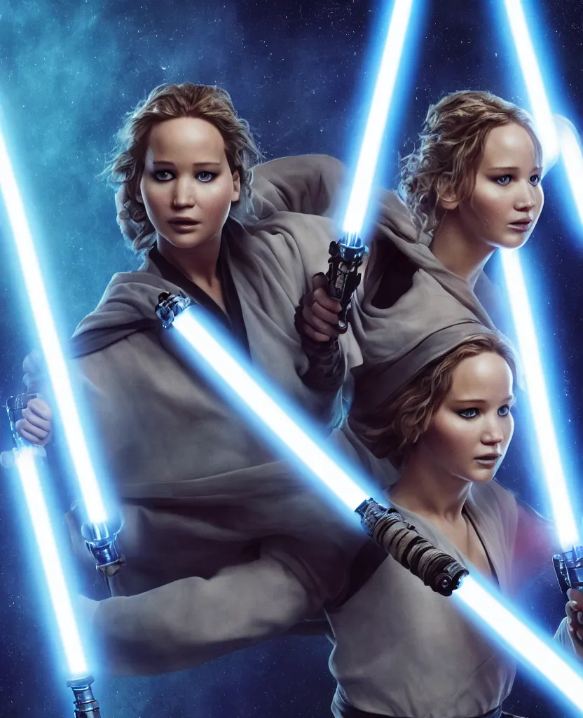 Image similar to jennifer lawrence as a jedi holding up a blue lightsaber, very dark background, official new star wars episode xi movie poster from lucas arts, perfect symmetrical face, full moon, moody lighting, 8 k, shallow depth of field, intricate detail,