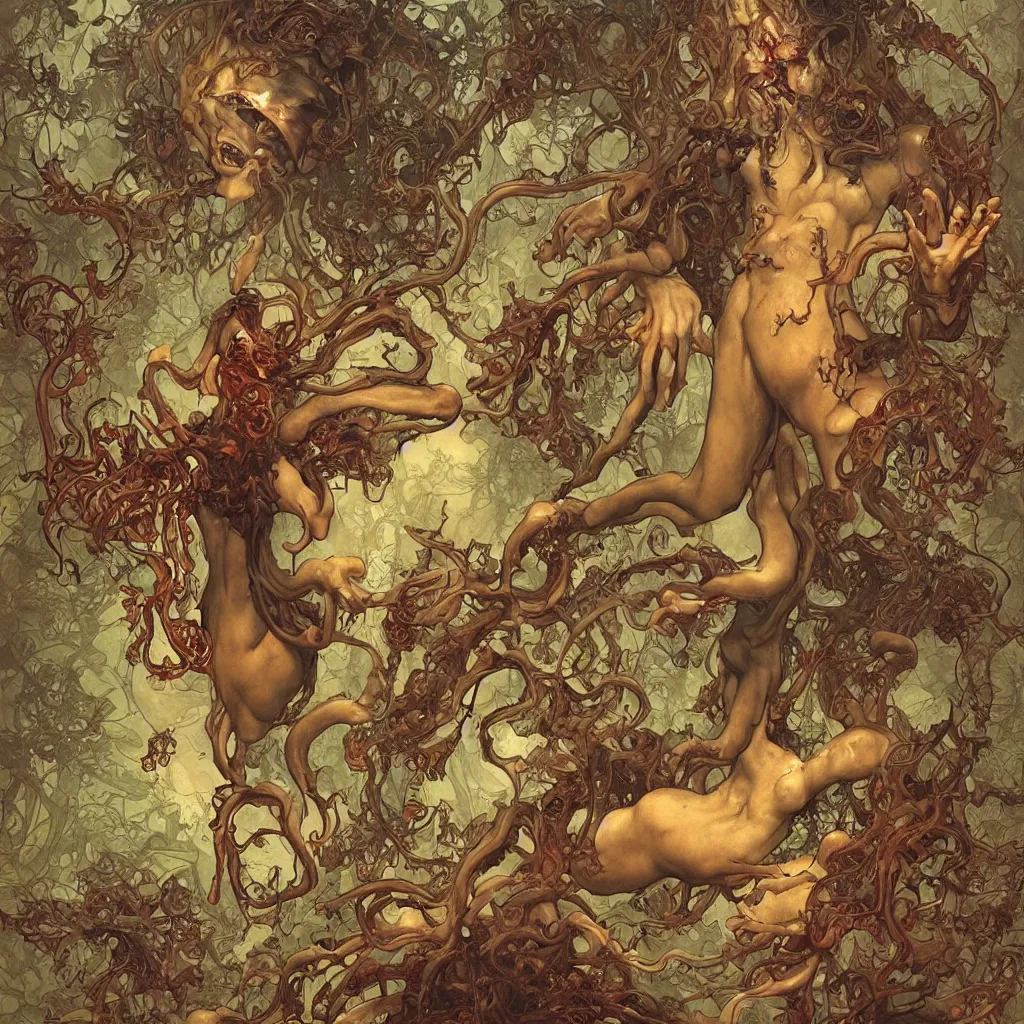 Prompt: grainy 2 0 mm film photograph of a grotesque nightmare fungus demon god. uhd, amazing depth, cinematic lighting, glossy wet levitating floating fungus god with arms outstretched. art by james jean, by thomas blackshear, by artgerm and greg rutkowski and alphonse mucha.