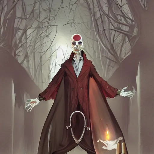 Prompt: bald scientist with grey skin in a long coat undead gey cloaked, sharply dressed, transparent glasses, bald, red sleevesm dark undershirt, belts, high boots, from the second edition of hollow's guide to summoning undead, summoning undead friends, highly detailed, by brom, by larry elmore, artstation