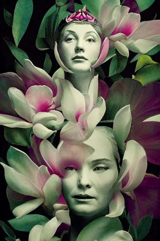 Image similar to a goddess of magnolia a queen of the garden, meditating! with a beautiful symmetrical face!!! cinematic lightning, isolated, studio lighting by dave mckean