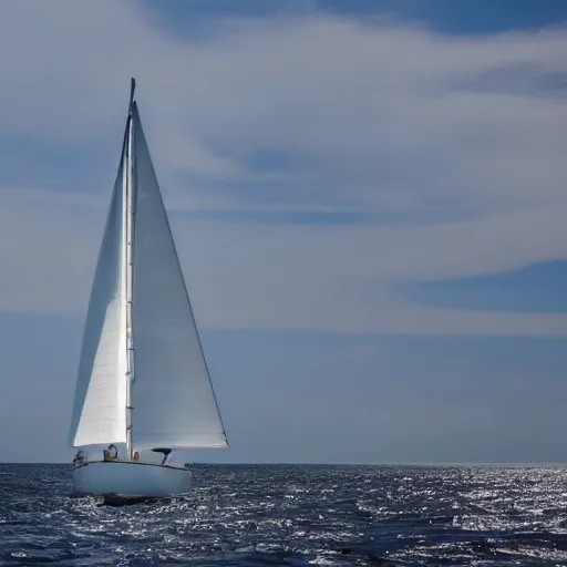 Image similar to wide-angle photography of a huge, sea blue modern sail boat sailing on an windstill ocean, award winning, 8k