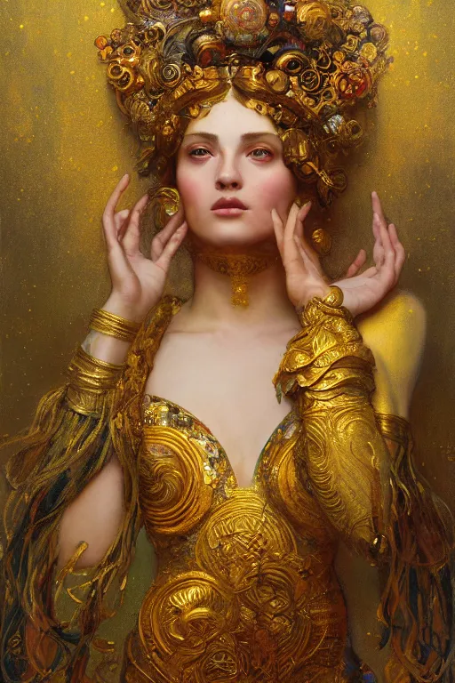 Image similar to an intricate artistic pose painting of a beautiful young goddess with an artistic sensual pose with klimt golden motives and textures, hyper detailed, ornamental gold headpiece, octane render, vivid colors, artstation, by jeremy mann, by alphonse mucha, by boris vallejo