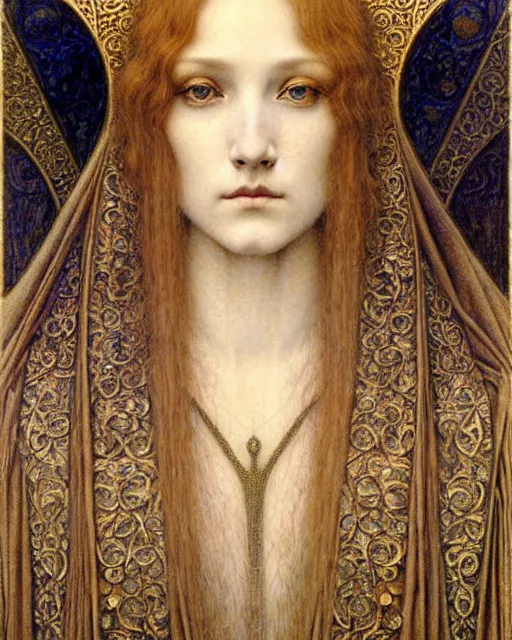 Image similar to detailed realistic beautiful young medieval queen face portrait by jean delville, gustave dore and marco mazzoni, art nouveau, symbolist, visionary, gothic, pre - raphaelite. horizontal symmetry