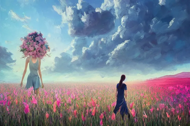 Image similar to giant gladiola head, girl walking in field of flowers, surreal photography, sunrise, blue sky, dramatic light, impressionist painting, digital painting, artstation, simon stalenhag