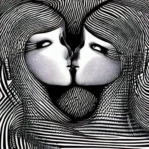 Image similar to two women kissing each other by h. r. giger and junji ito, op art with big bold patterns