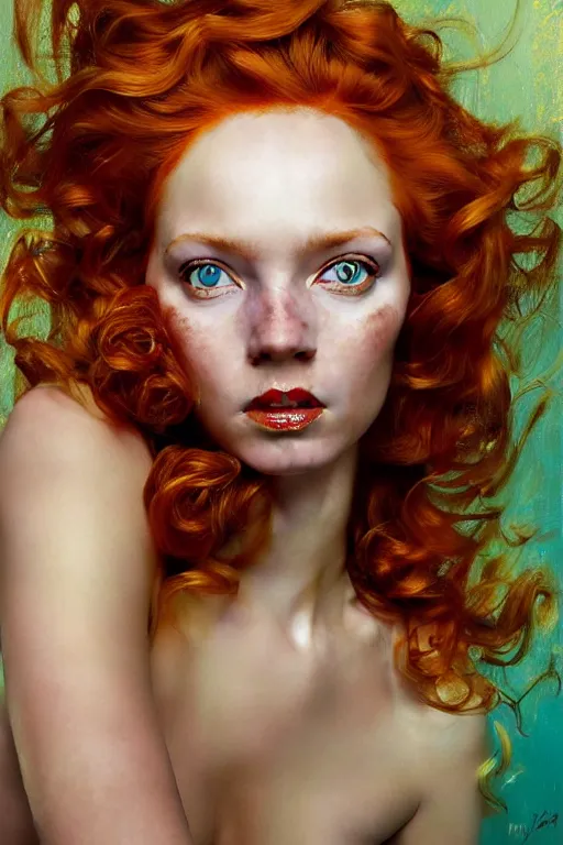 Image similar to hyper realistic painting portrait of a redhead girl with flowing curls and closed eyes, her skin is painted in gold paint and turquoise background, hyper detailed face by stjepan sejic, norman rockwell, michael hussar, roberto ferri and ruan jia