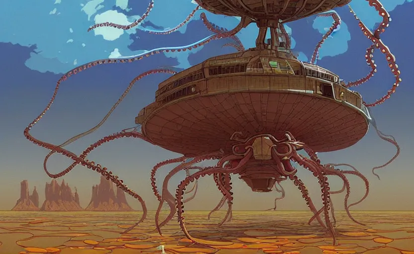 Image similar to a realistic cell - shaded studio ghibli concept art from paprika ( 2 0 0 6 ) of a flying intelligent multi - colored mechanical octopus from close encounters of the third kind ( 1 9 7 7 ) in a flooded monument valley. very dull colors, wide shot, hd, 4 k, hq