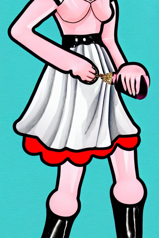 Prompt: a 2022 fashion illustration of a Dutch milkmaid costume with a cowbell choker and exposed midriff. silicone prosthetic cow udder fx makeup on midriff. drag queen, campy. Cow Costume with Udders, comical. Cloven Hoof High-Heeled Boots.