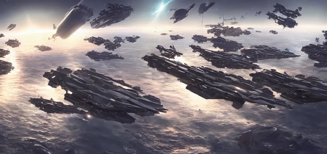 Image similar to photorealistic photograph of a futuristic space port with battle cruisers refueling, realism, 4k, award-winning art, digital art