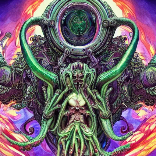 Image similar to 4 k colored headshot of godlike cthulhu with defined arms and open hands and bloody clothes with giant mandala wings, intricate face, flawless anime cel animation by kentaro miura, psychedelic, highly detailed upper body, professionally post - processed, beautiful, scary, symmetry accurate features, epic, octane rendered, anime masterpiece, accurate