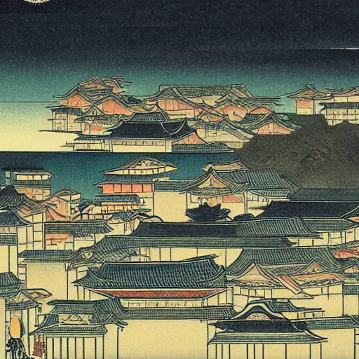 Prompt: a city by tomioka tessai ( 1 8 3 7 - 1 9 2 4 )