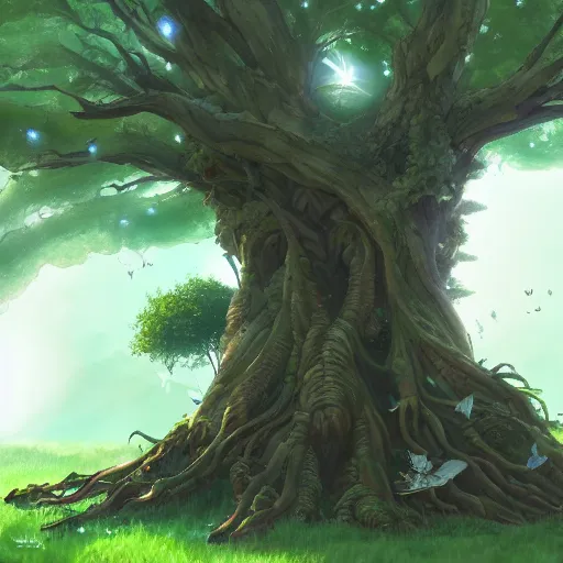 Prompt: very large, old tree, with vanes all over it. epic tree. tiny bugs and fireflies. slightly glowing air. magic, fantasy, ghibli studio, anime, unreal engine, artstation, all seasons