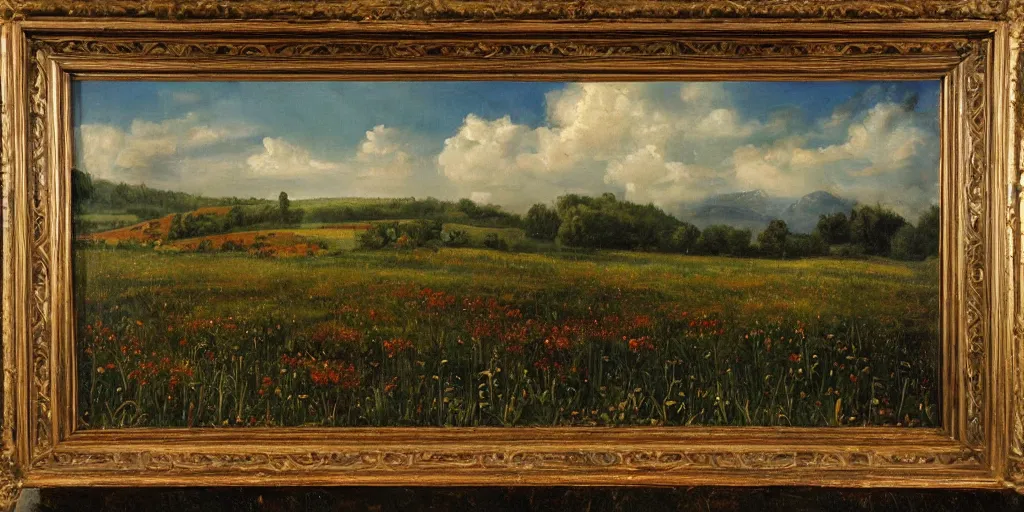 Image similar to a dark oil painting of a beautiful meadow; masterpiece; extremely-detailed; by Carravaggio