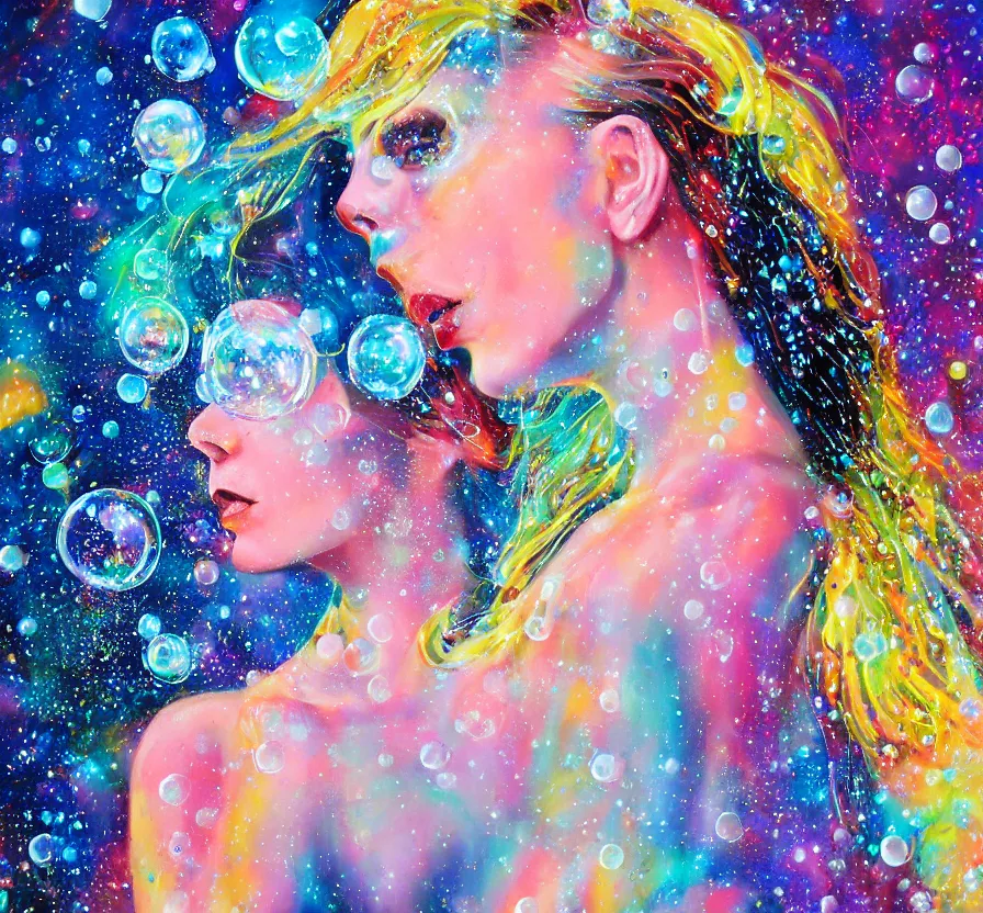 Image similar to beautiful sci - fi woman, face, full body, dress, bubbles, bubble, watedrops, waterdroplets, acrylicpainting, acrylicpouring, painting, influencer