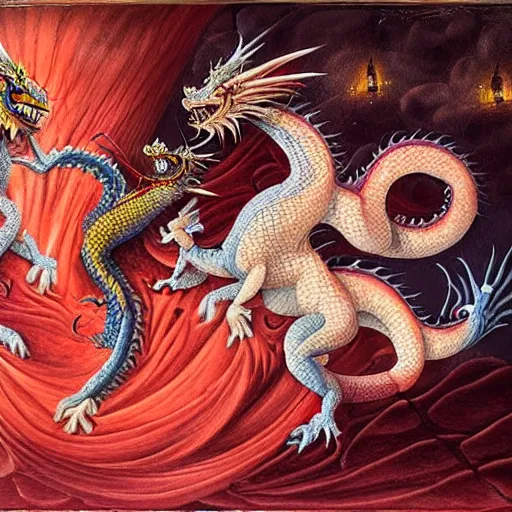 Image similar to miniature painting of a dragon fighting a woman, red+velvet+pink+orange+white colors, by Mahmoud Farshchian, intricate, insane detailed, very detailed