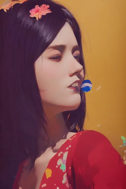 Image similar to A ultradetailed beautiful panting of a stylish woman looking at the camera, she has colorful stickers on her face, bright sunny day, Oil painting, by Ilya Kuvshinov, Greg Rutkowski and Makoto Shinkai