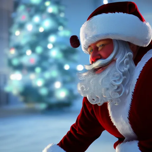 Image similar to photo of a gangster santa claus, movie still, cinematic, 8 k, unreal engine, 3 d render