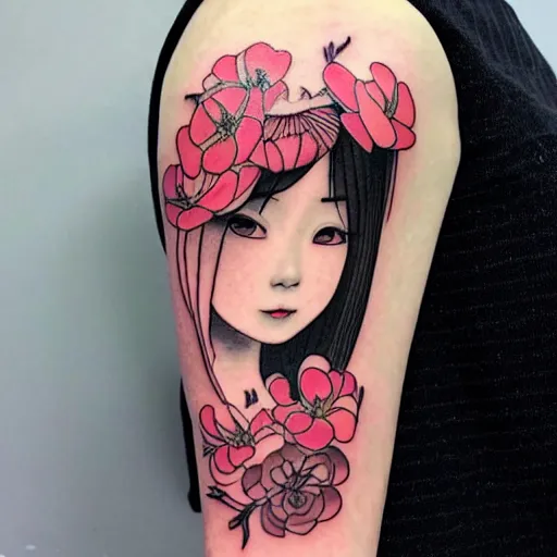 Prompt: tattoo design, stencil, traditional, beautiful portrait of a Japanese girl with flowers in her hair, upper body, by artgerm, artgerm, digital art, cat girl, anime eyes, anime, sexy-s 100