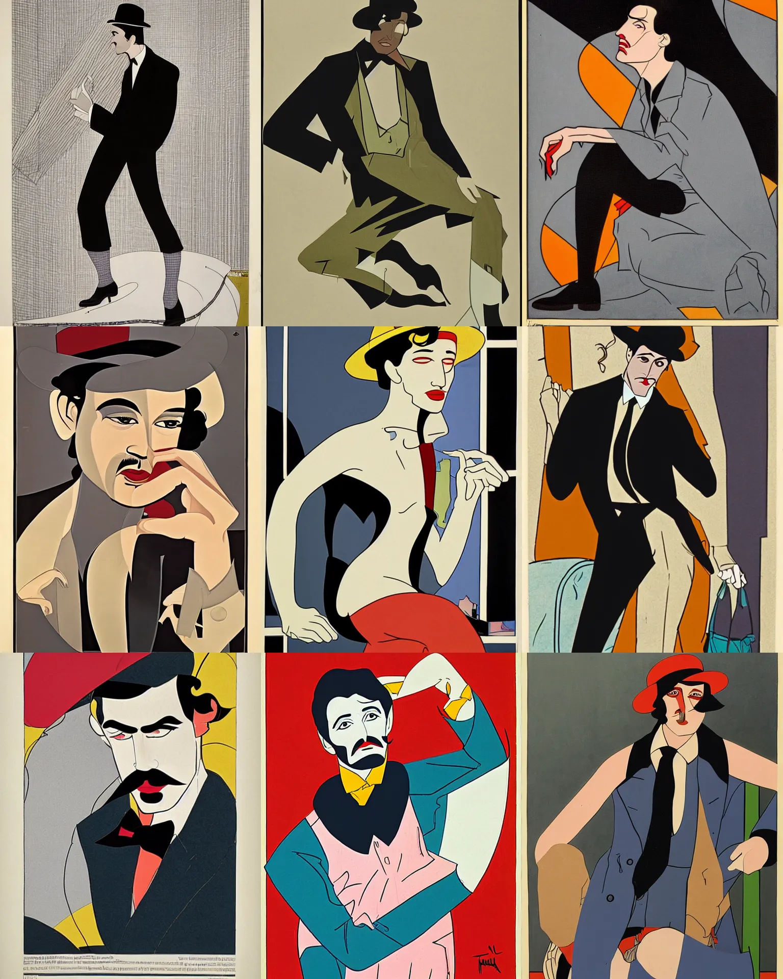 Prompt: the tramp in modern times, portrait by patrick nagel, 1 9 2 0 s,