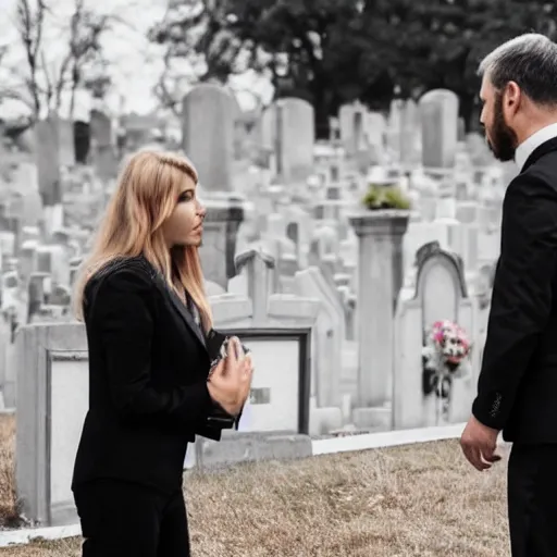 Prompt: A photo of a woman in a black outfit and a man in a black suit talking in a gloomy cemetery