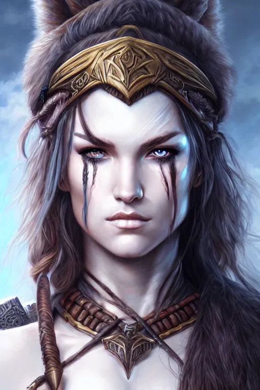 Prompt: head and shoulders portrait of a barbarian, female, high fantasy, dnd, by artgerm, magali villeneuve, luis royo,