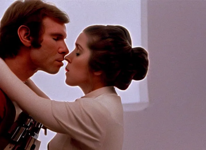 Image similar to screenshot of Han Solo kissing Princess Leia Organa, alone,, iconic scene from 1970s Star Wars film directed by Stanley Kubrick, in a sci fi nursing home architecture, last jedi, 4k HD, cinematic still frame, photoreal, beautiful portraits, moody lighting, stunning cinematography, anamorphic lenses, kodak color film stock