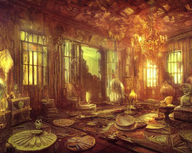 Image similar to a painting of a confusing maximalistic room, an airbrush painting by breyten breytenbach, striking lighting, cgsociety!, neo - primitivism