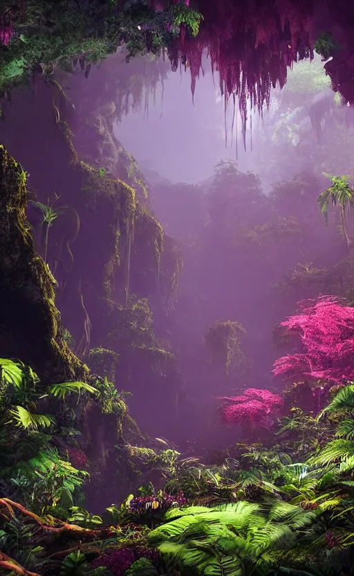 Image similar to a beautiful render of a dark prehistoric rainforest in a humongous cave, lush flora, patches of sky, magenta flowers, sunset, floating mountains and a waterfall in the background, intricate detail, hazy, humid, volumetric lighting, 8 k, photorealistic, raytracing effects, unreal engine 5