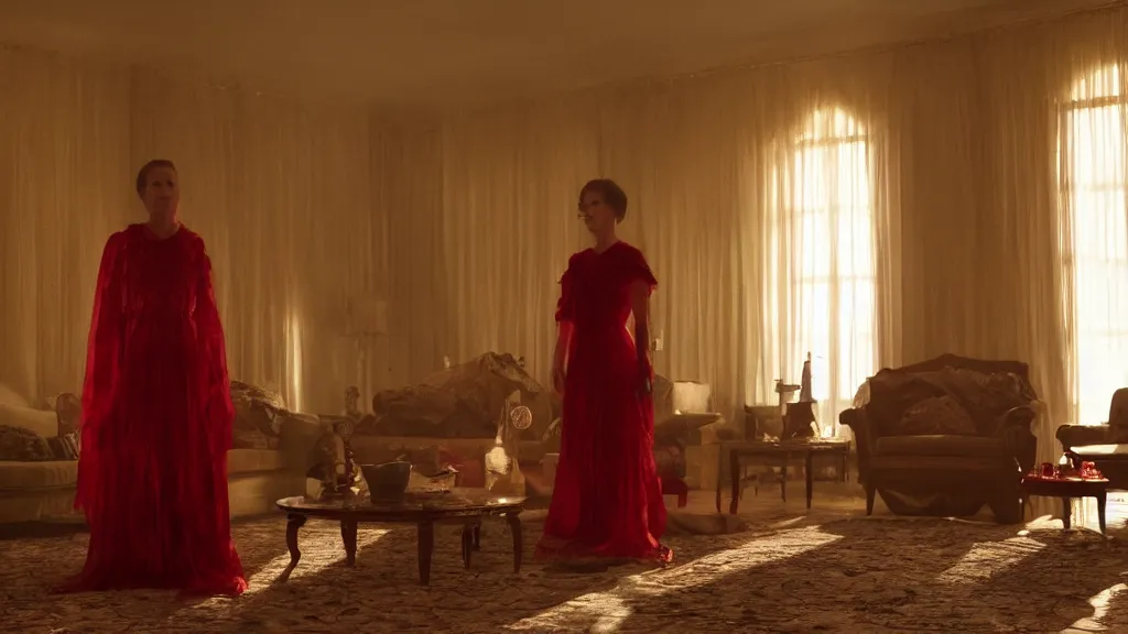 Image similar to a woman made of rubies stands in the living room, film still from the movie directed by Denis Villeneuve with art direction, wide lens, 4K, realistic