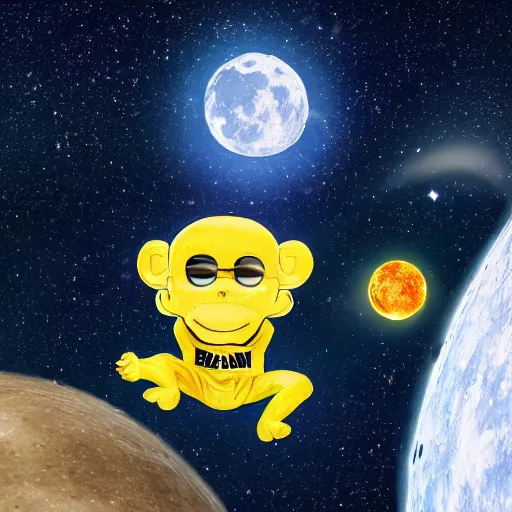 Image similar to a giant monkey eating a banana in the moon, space, night, realistic, fur, star wars style, neon, laser