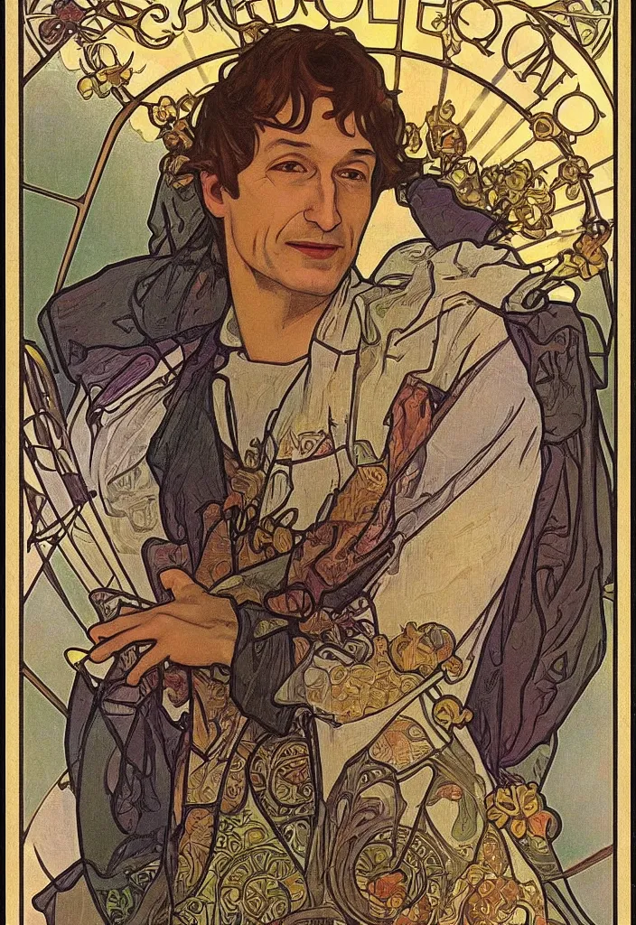 Image similar to realistic geoffrey hinton in a crown on a tarot card, tarot in art style by alphonse mucha