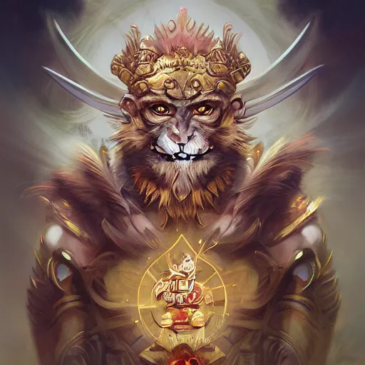 Image similar to Sun Wukong, monkey king, divine, golden ,symmetrical, D&D character art, portrait, digital painting, Peter Mohrbacher, Alphonse Mucha, Brian Froud, Yoshitaka Amano, Kim Keever, Victo Ngai, James Jean