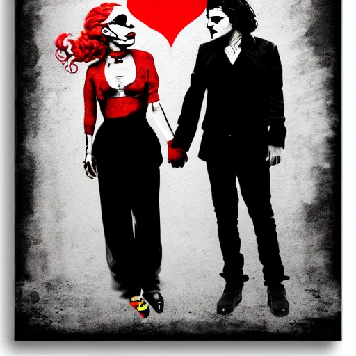 Prompt: mimmo rottela and banksy as joaquin phoenix skinny joker holding hand lady gaga harley queen, photorealistic, intricate details, pop art style, concept art, confident, love, random object movement, 3 colours, 8 0 0, warm color, 4 k, ultra smooth, sharp focus