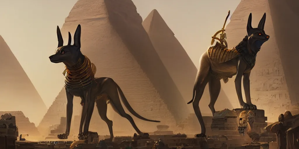 Image similar to anubis in egypt city, sharp focus, wide shot, trending on artstation, masterpiece by greg rutkowski by ross tran by fenghua zho