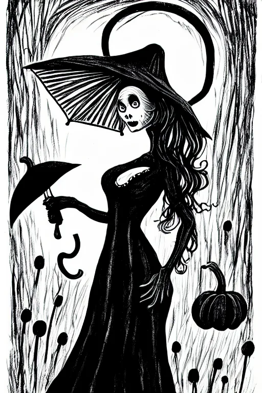 Image similar to black and white ink drawing of a beautiful woman in short gothic dress holding an umbrella next to a pumpkin by tim burton and edward gory